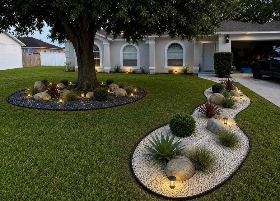 Proyecto de paisajismo con piedras decorativas y plantas